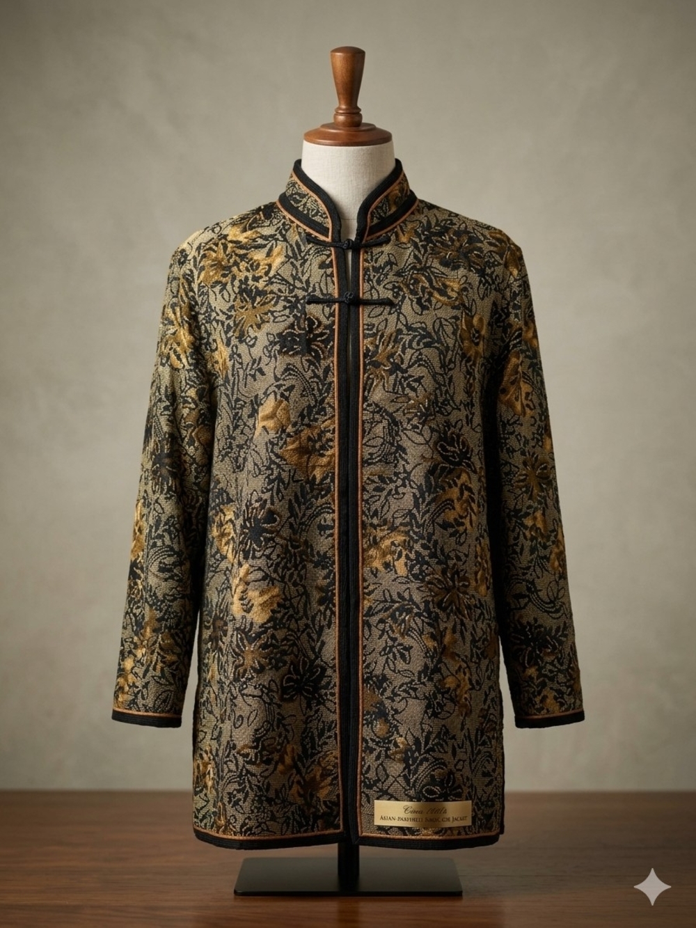 Floral Brocade Trench Coat in Gold & Black - Elegant Mandarin Collar